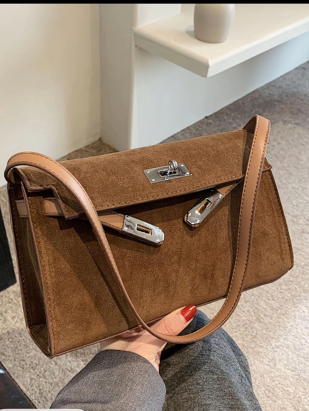 Cognac Brown faux Suede Shoulder Bag